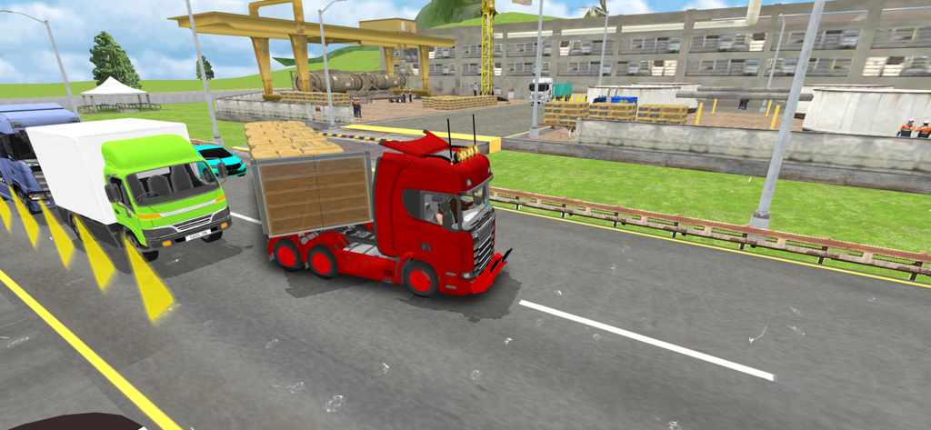 Euro Cargo Truck Driver Games - Camión semirremolque rojo transportando carga en un entorno de juego de simulación europeo