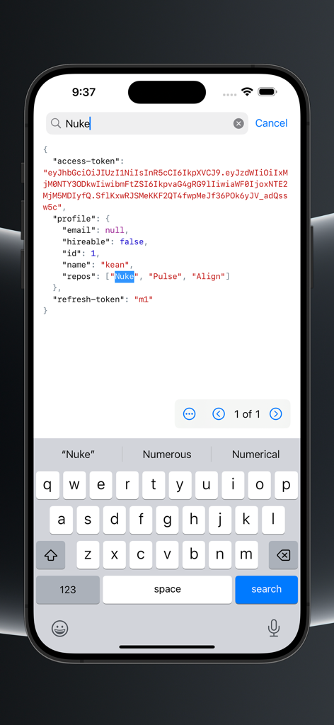 Searching through a JSON network response body in the Pulse Network Logger app on iPhone.