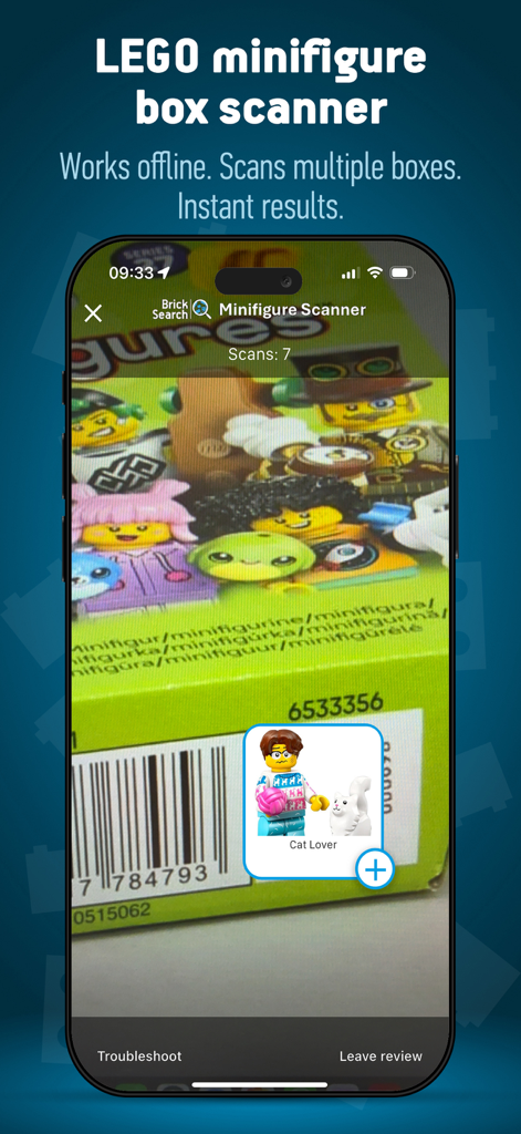 Brick Search: The LEGO set app - Brick Search app scanning a LEGO minifigure box to identify the character inside
