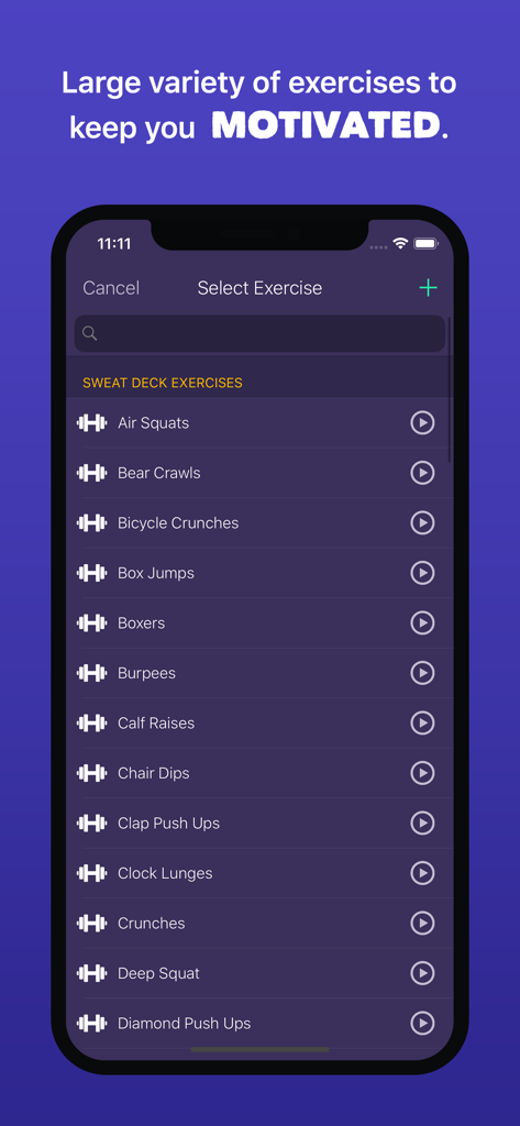 Sweat Deck app interface showing a list of various exercises to choose from for workouts