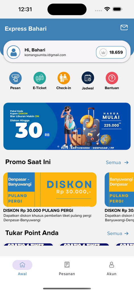 Schermata principale dell'app Express Bahari Mobile che mostra le opzioni di prenotazione dei biglietti e le promozioni di viaggio in corso