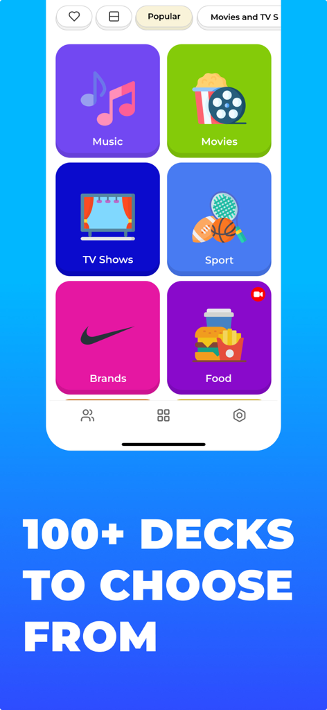 Interface of Charades Fun Party Guess Game showing various categories like Music Movies TV Shows and Sport