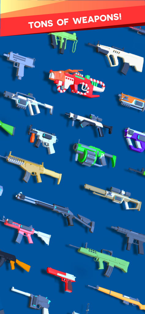 Gun Breaker - Idle Gun Games - A variety of colorful low-poly 3D gun models displayed on a blue background in the Gun Breaker game