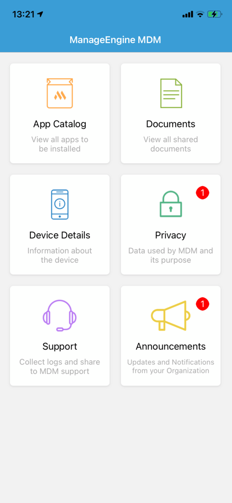 ManageEngine MDM app dashboard with menu tiles for App Catalog Documents Device Details Privacy Support and Announcements