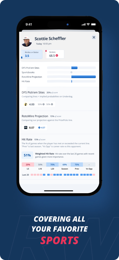 Detailed player prop analysis for Scottie Scheffler on the RotoWire Picks app showing data-driven projections and hit rate stats