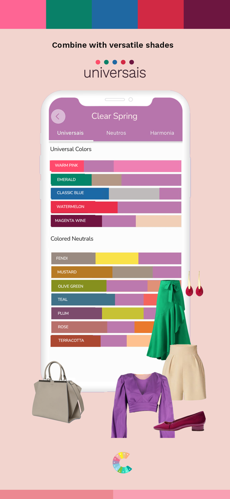 Personal color analysis app showing a Clear Spring palette with coordinated clothing items
