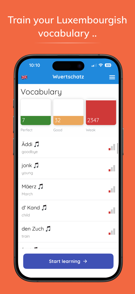 Wuertschatzアプリのスクリーンショット。ルクセンブルク語の単語リスト、音声アイコン、学習進捗カテゴリが表示されています。