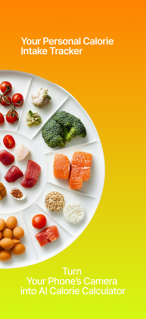 Cal Diet - AI Calorie Tracker - Cal Diet app intro screen featuring a healthy food plate and AI calorie calculator text