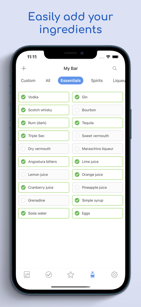 A screenshot of the FreeFlow cocktail app showing the My Bar interface where users can select their available ingredients like spirits and mixers.