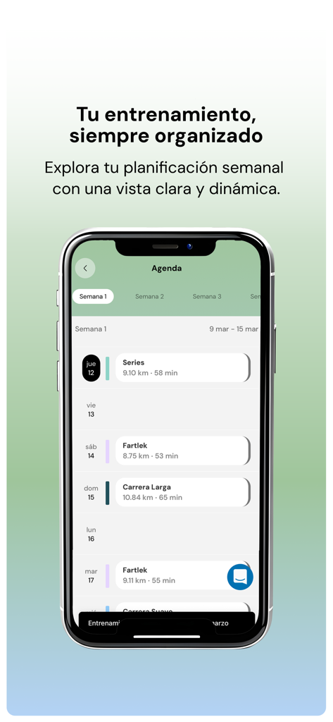 The Ginger Club - Smartphone screen showing a personalized weekly running training agenda in the Ginger Club app.
