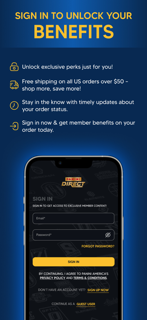 Écran de connexion de l'application Panini Direct mettant en évidence les avantages exclusifs pour les membres et les offres de livraison gratuite