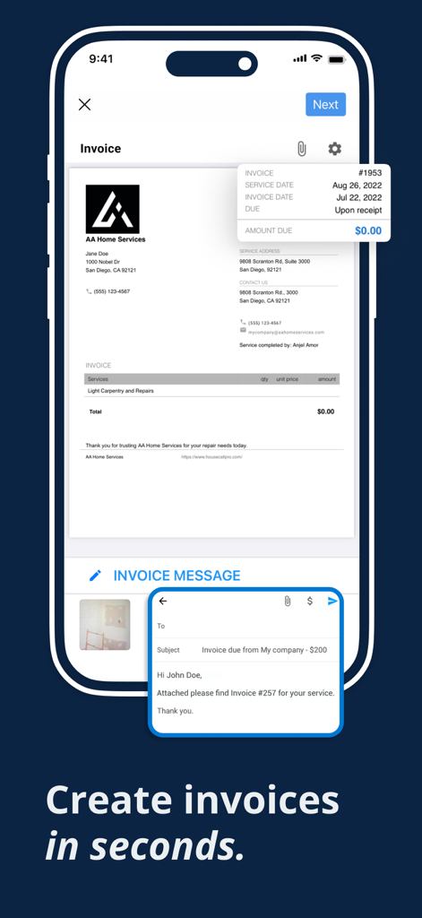 Interface of Housecall Pro app showing how to create and send professional digital invoices for field services