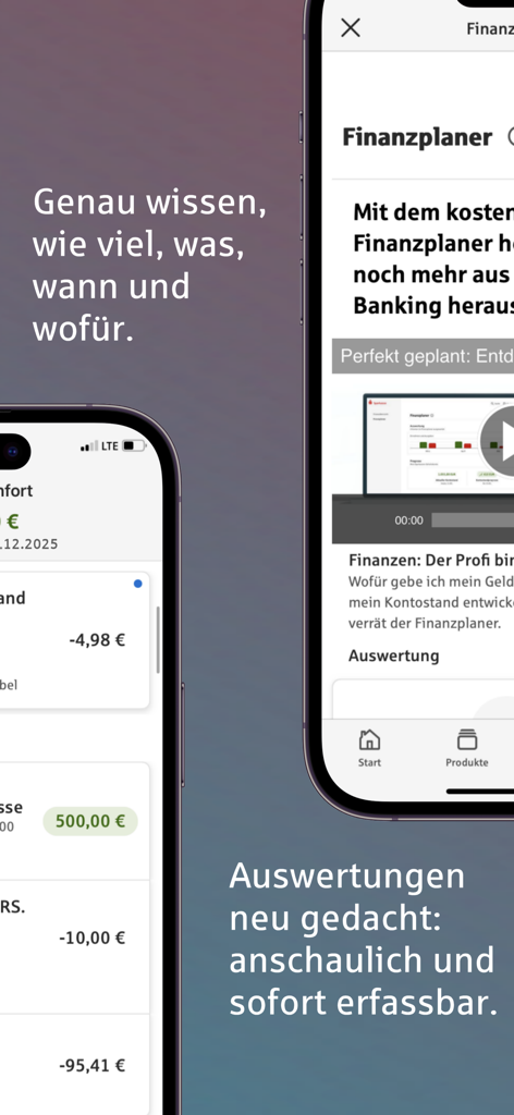 Interface of the Sparkasse mobile banking app showing account transactions and the financial planner feature on two iPhone screens.