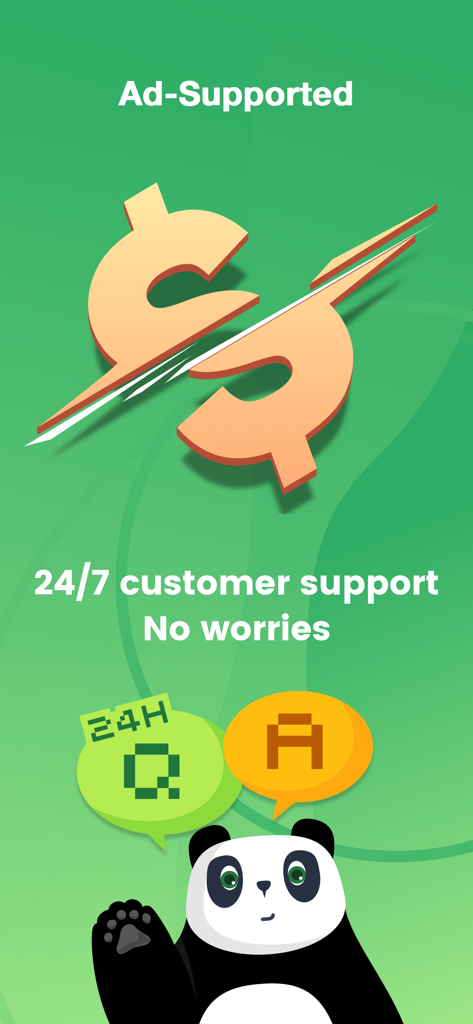 PandaVPN Lite promotional screen highlighting 24/7 customer support and free ad-supported access with a panda mascot