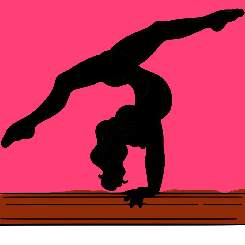 gymnast doing split handstand on a beam
