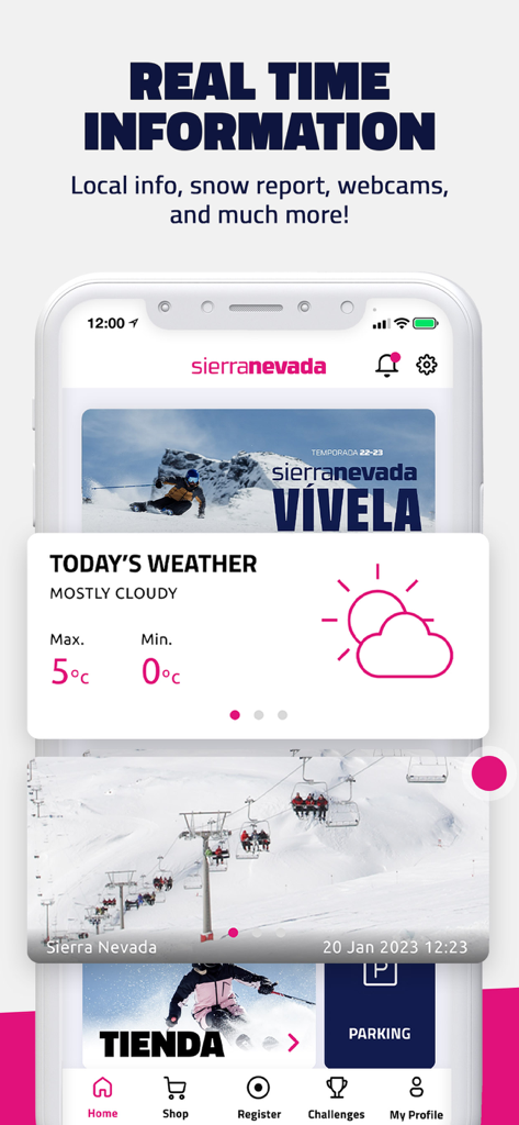 Sierra Nevada - Interfaz de la app móvil de Sierra Nevada mostrando informes meteorológicos en tiempo real y transmisiones de webcam del resort de esquí en vivo