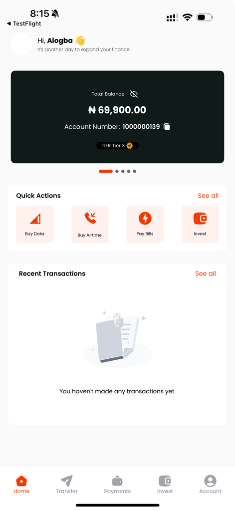 ClearPay - The home screen of ClearPay app displaying account balance in Naira, quick actions for data and bill payments, and a bottom navigation menu.
