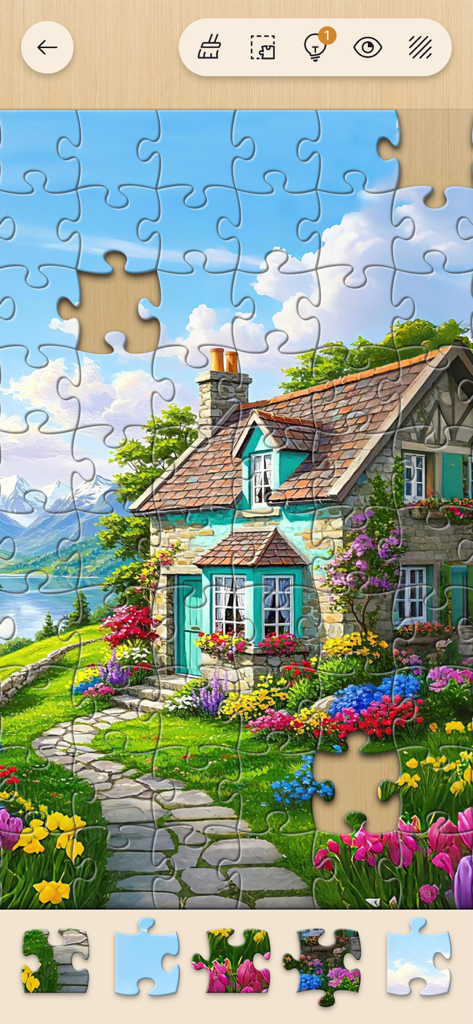 Jigsawscapes® - Jigsaw Puzzles - Puzzle digitale a incastro raffigurante una bellissima casa colonica e un giardino fiorito con vista sulle montagne