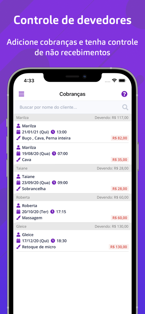 Minha Agenda pra profissionais - Billing and debt management interface of the Minha Agenda professional app