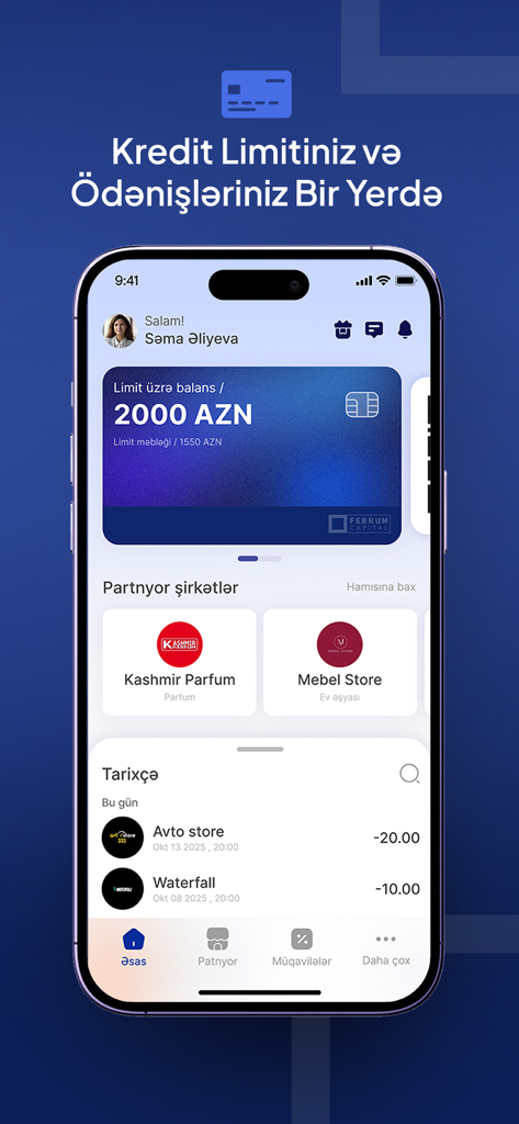 Ferrum Capital mobile app dashboard showing credit limit balance and recent transaction history