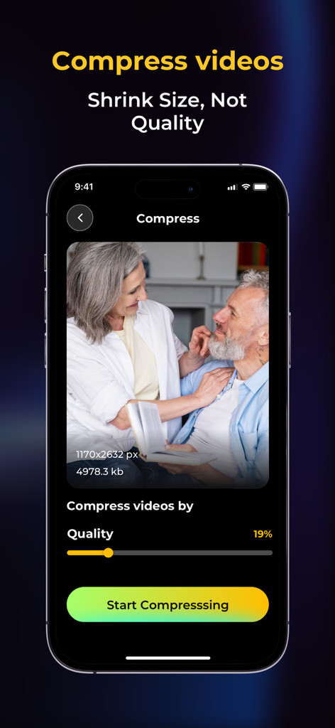 SnapSort: Photo Organizer - SnapSort app interface showing a video compression tool with quality adjustment slider to save phone storage.