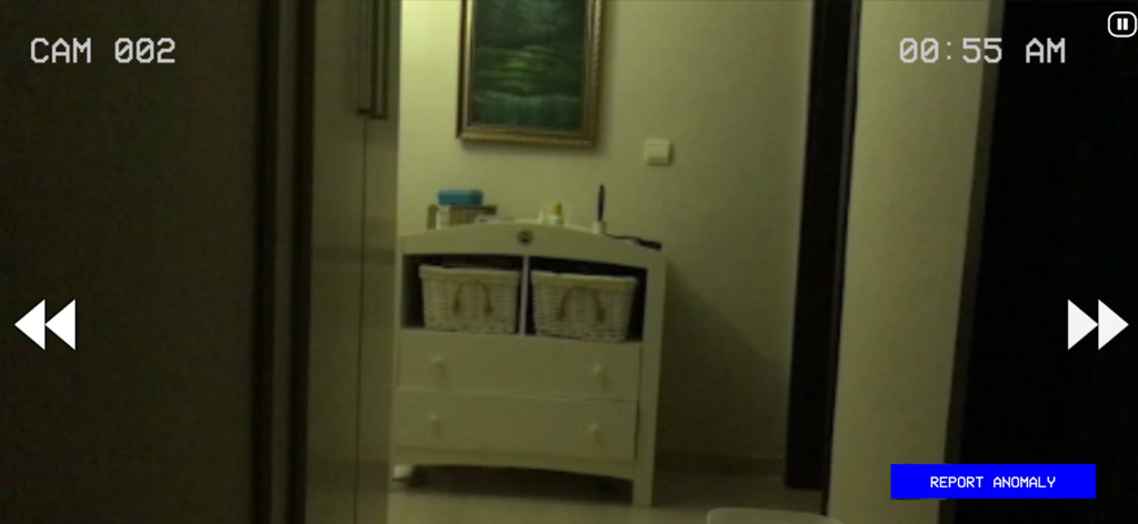 Paranormal Inc. - CCTV surveillance footage of a dark room with a white dresser and an anomaly reporting button in Paranormal Inc.