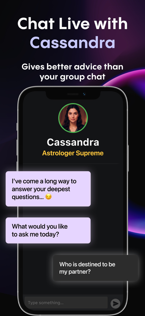Live chat interface with Cassandra the Astrologer Supreme in the Faladdin astrology app