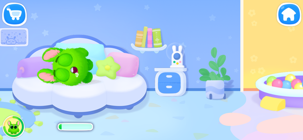 Green fluffy virtual pet sleeping on a cloud shaped bed in its bedroom