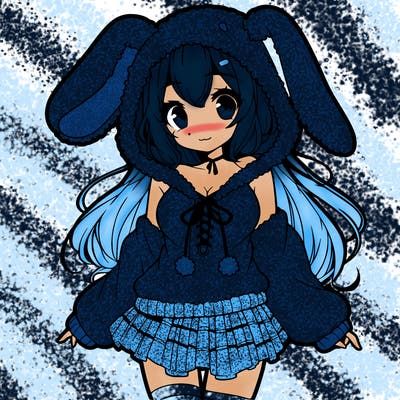 pretty anime girl wearing a fluffy hoodie with bunny ears on the hood and a skirt