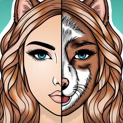 split face realistic woman and wolf
