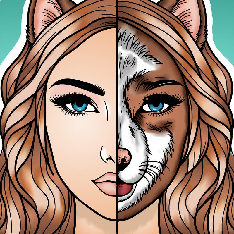 split face realistic woman and wolf