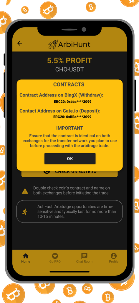 ArbiHunt - Crypto Arbitrage - ArbiHunt mobile App-Oberfläche, die die Überprüfung der Vertragsadresse für eine Krypto-Arbitrage-Handelsmöglichkeit zeigt