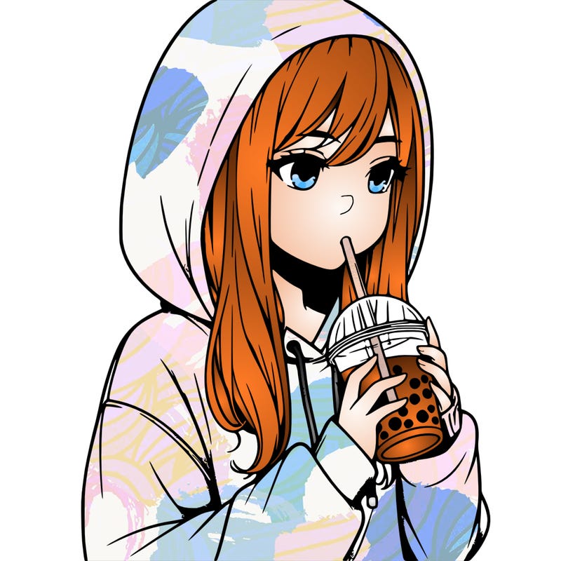realistic girl in a big hoodie drinking boba