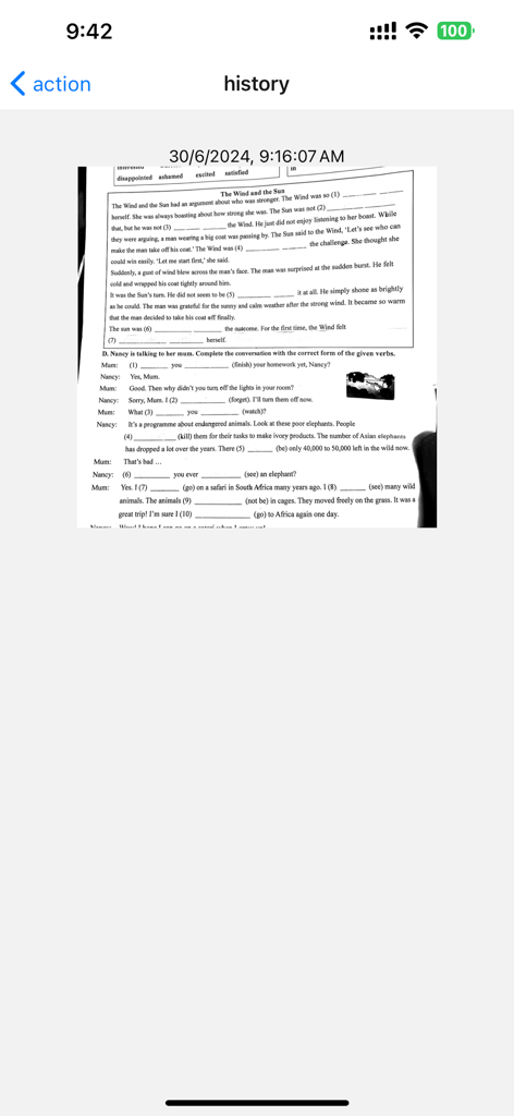 App history view showing a processed English worksheet with handwriting removed.