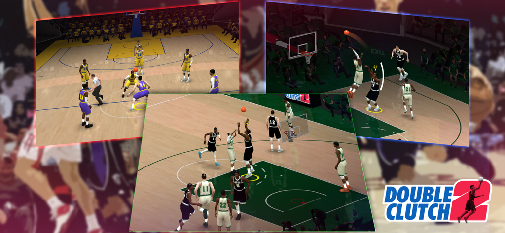 Collage showing various 3D arcade basketball gameplay scenes and team matchups in DoubleClutch 2