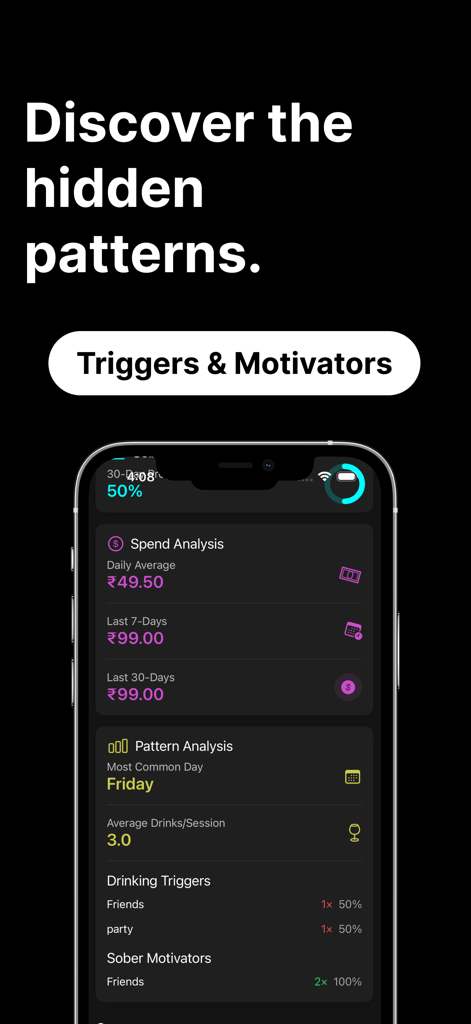 AlcoFree: Quit Alcohol Tracker - Pattern analysis screen in AlcoFree app showing drinking triggers and motivators.