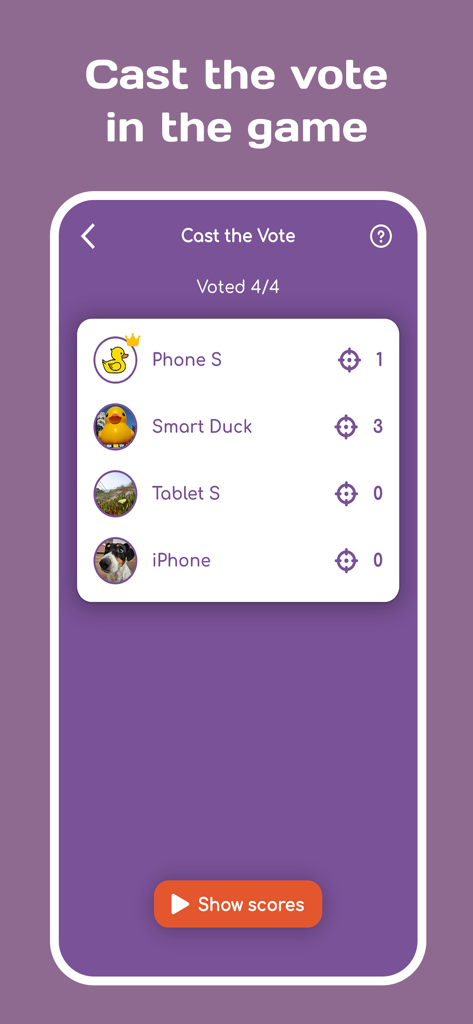The voting interface of the Impostor party game showing a list of players and their received votes.