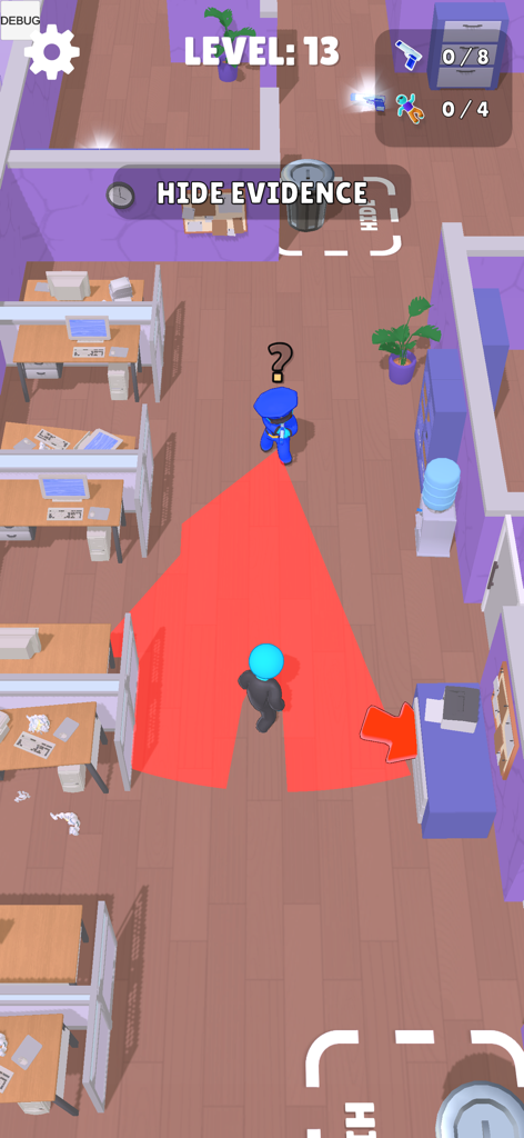 Gameplay screenshot of Murder Cleaner showing a player character avoiding a police officer's red vision cone in an office setting while trying to hide evidence.