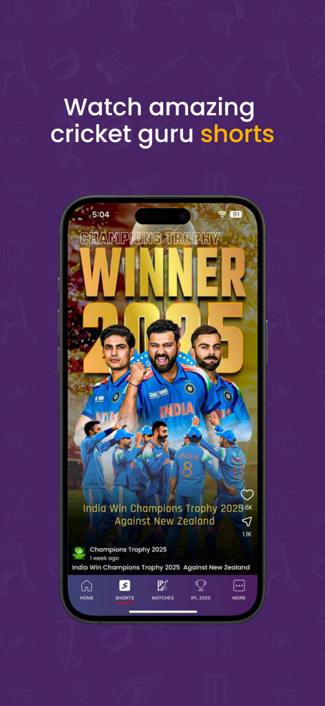 Cricket Guru - Cricket Guru mobile app interface showing the shorts feature with a highlight video of the Champions Trophy 2025 winner