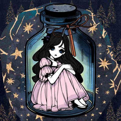 beautiful realistic girl trapped in bottle