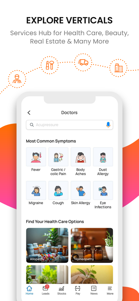 JD - The Best Local Search App - Interfaz de la aplicación Justdial para buscar médicos y servicios de salud por síntomas y categorías médicas.