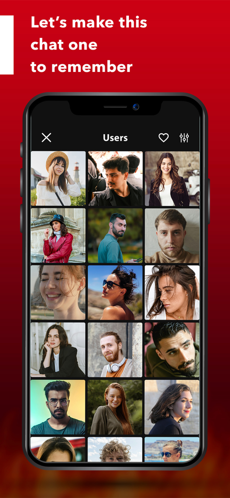 LOVE CHAT - Meet new friends - 소셜 네트워킹을 위한 사용자 프로필 사진 그리드를 보여주는 Love Chat 앱 화면