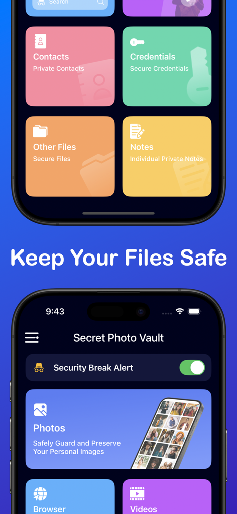 Calculator Lock - Photo Vault - Interfaz de aplicación móvil para Calculadora segura que muestra categorías de bóveda privada para fotos, vídeos y notas