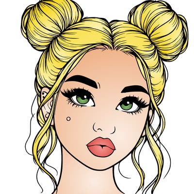realistic girl with two buns on her hair and lips
