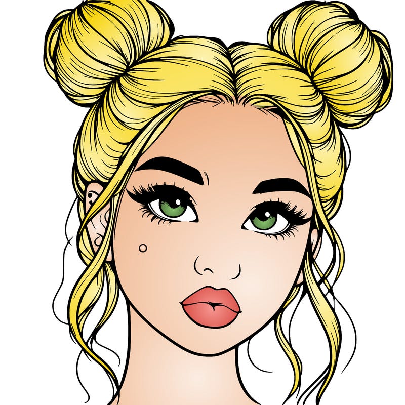 realistic girl with two buns on her hair and lips