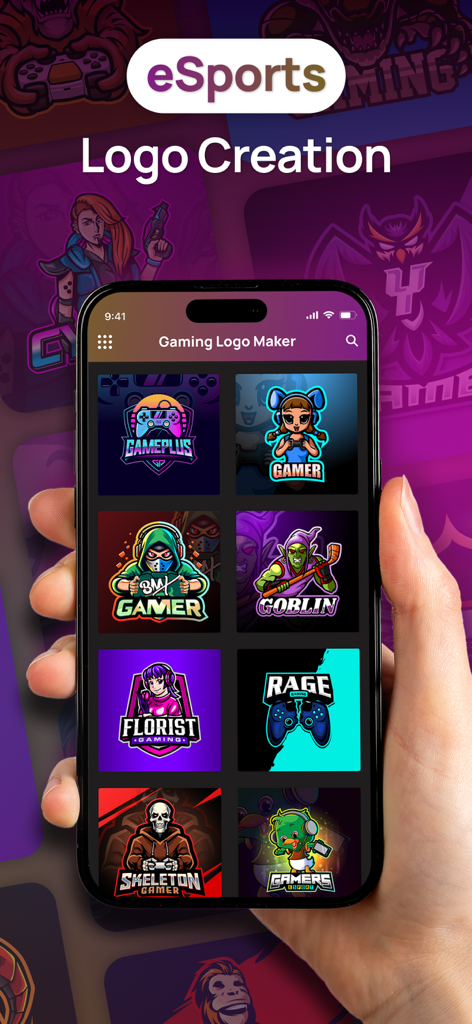Mobile app interface showing various mascot-based esport and gaming logo templates for streamers