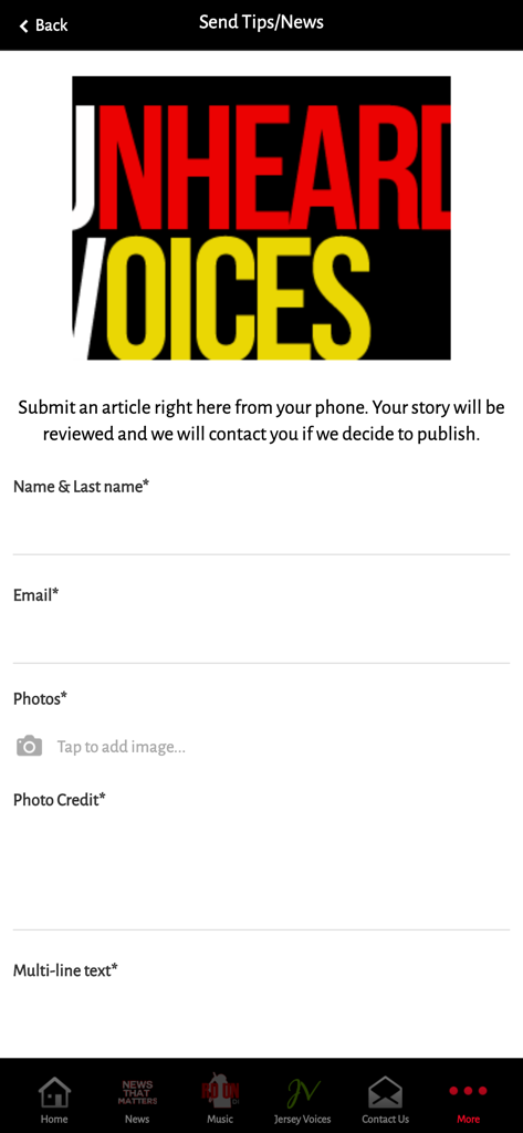 Submission form for news tips and articles in the Unheard Voices Magazine app