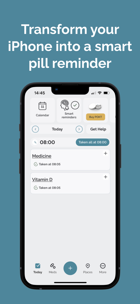 Interface da aplicação Dose Medbox num iPhone exibindo um horário diário de medicação e o estado de toma para medicamentos e vitaminas