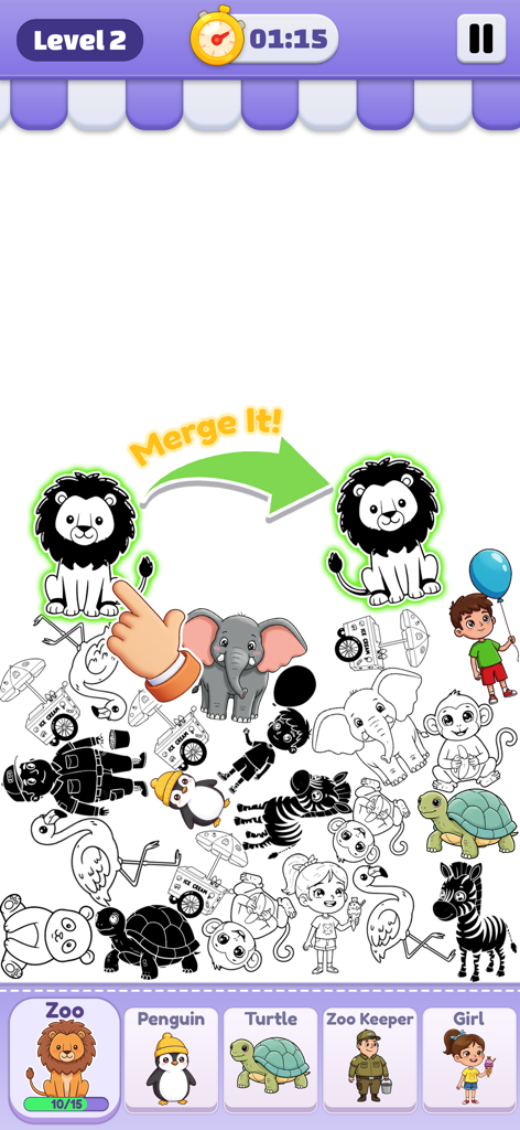 ASMR Sticker Art -Merge story - Gameplay screen of ASMR Sticker Art showing a hand merging two cute lion stickers in a zoo-themed level.