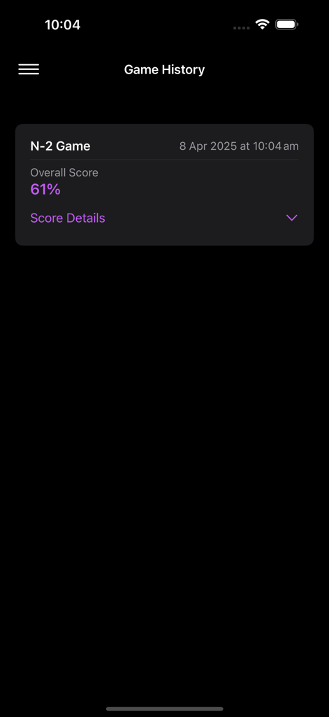 Tela de Histórico de Jogo do aplicativo móvel Dual-N-Back mostrando uma pontuação geral de 61% para um jogo de nível N-2